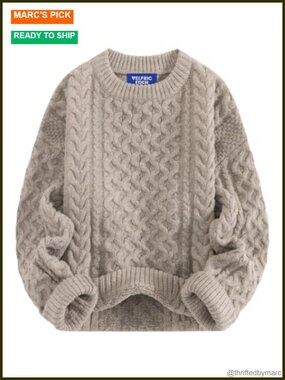 Oversized Chunky Cable Knit Crew Neck Sweater Long Sleeve Pullover Fall Winter